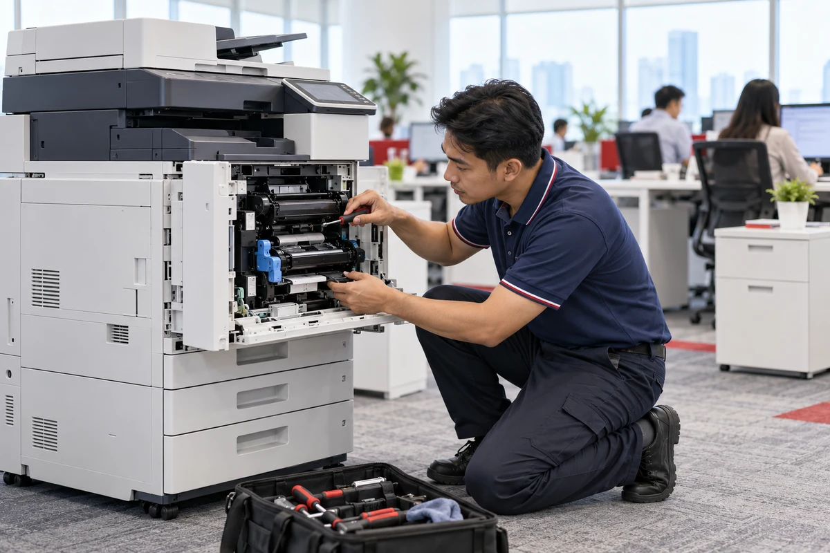 Illustrative scene of a technician servicing a copier in an office