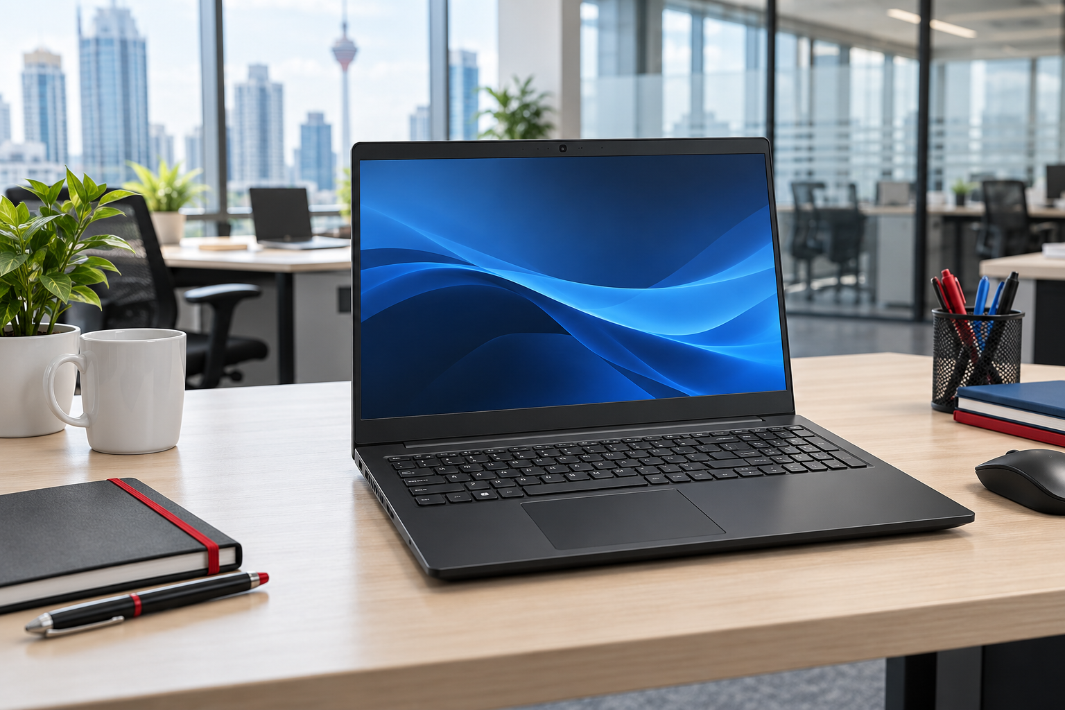 Business laptop on a desk in a bright modern office