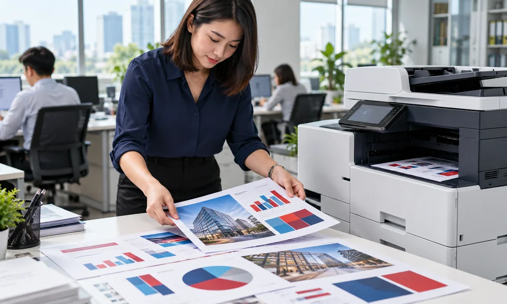 Illustrative office scene of colour charts and presentation pages being prepared beside a copier