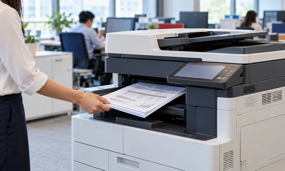 Illustrative office scene of an employee collecting black-and-white documents from a copier