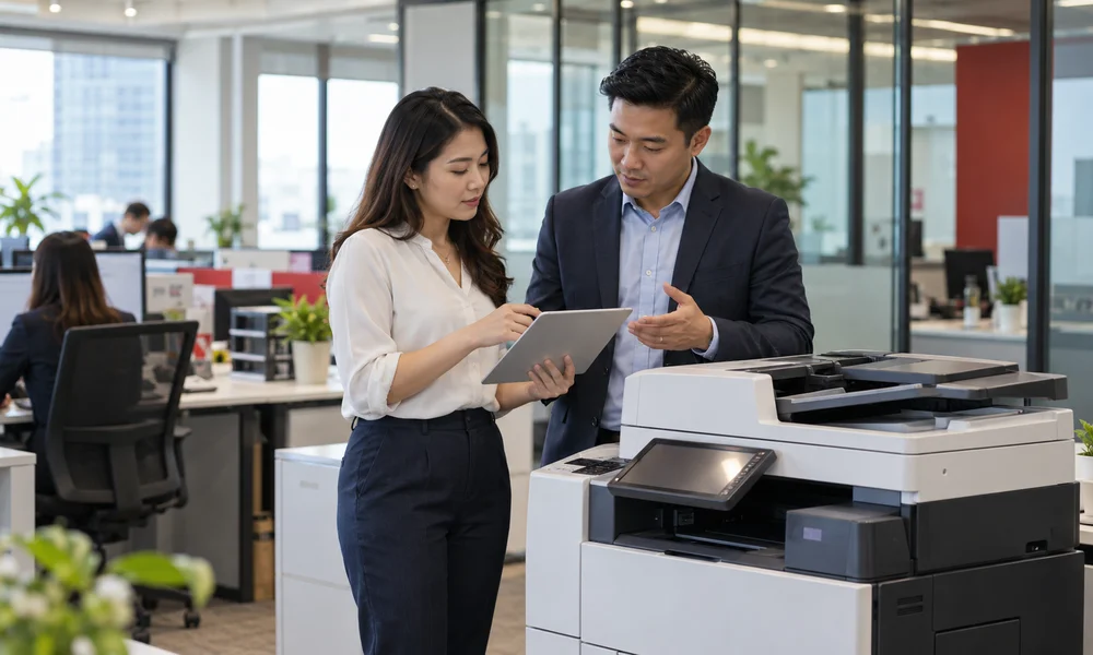 Illustrative office scene of two professionals discussing their printing requirements beside a copier