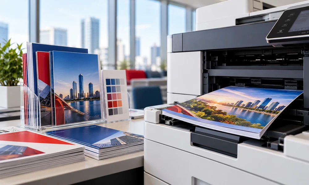 Illustrative scene of colour brochures and presentation booklets beside a copier