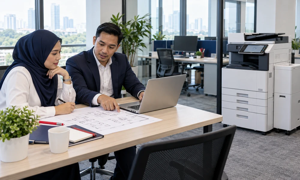 Illustrative scene of an office manager and consultant planning a copier setup