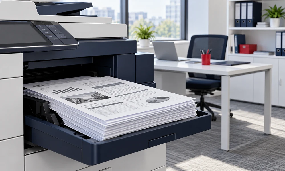 Illustrative scene of black-and-white business documents in an office copier output tray