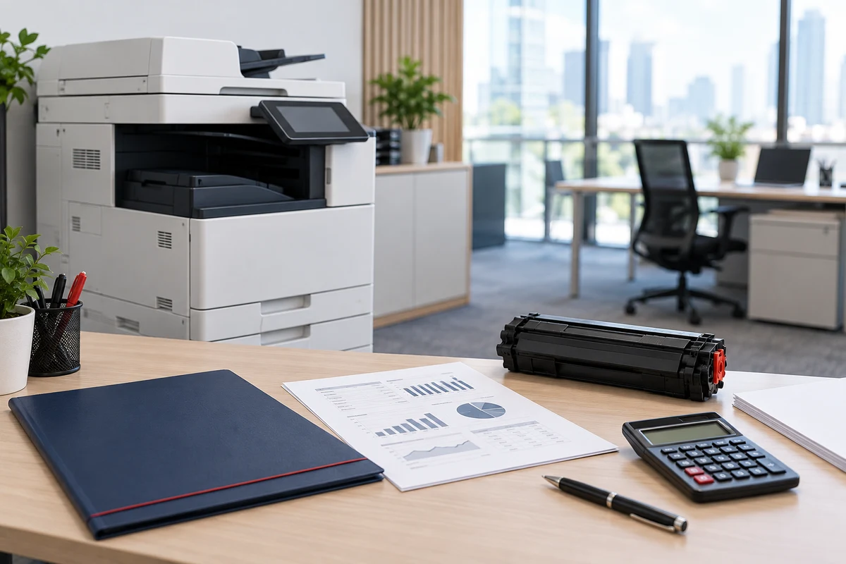 Illustrative copier rental planning scene with a copier, quotation folder, usage report, calculator and toner cartridge