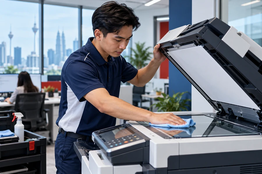 Illustrative technician cleaning copier scanner glass