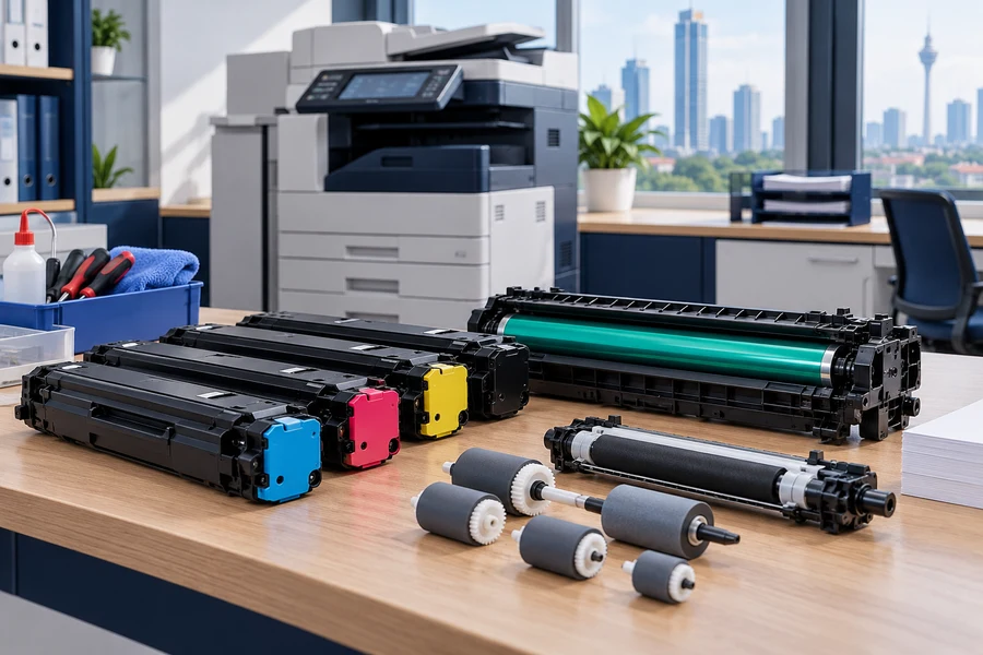 Illustrative toner cartridges, drum unit and paper-feed rollers