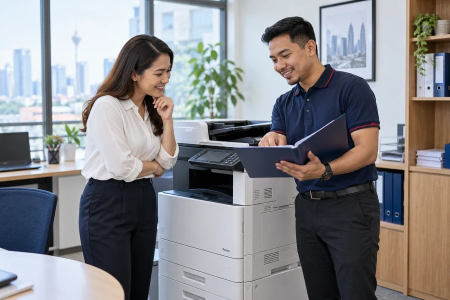 Illustrative copier rental handover in an office