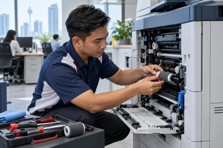 Illustrative technician replacing a copier paper-feed roller