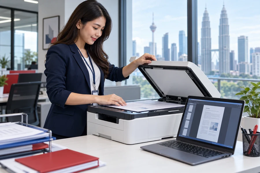 Illustrative scanning of a document from copier to laptop