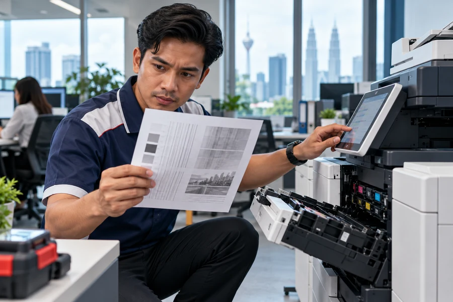 Illustrative technician assessing a printed test page